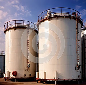 Chemical industrial storage tanks for liquid in a factory warehouse plant