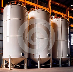 Chemical industrial storage tanks for liquid in a factory warehouse plant