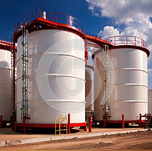 Chemical industrial storage tanks for liquid in a factory warehouse plant