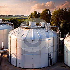 Chemical industrial storage tanks for liquid in a factory warehouse plant