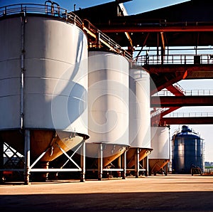 Chemical industrial storage tanks for liquid in a factory warehouse plant