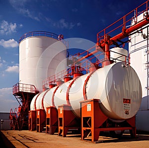 Chemical industrial storage tanks for liquid in a factory warehouse plant