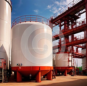 Chemical industrial storage tanks for liquid in a factory warehouse plant