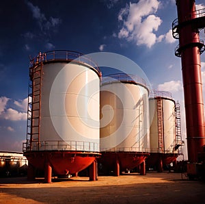 Chemical industrial storage tanks for liquid in a factory warehouse plant