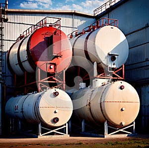 Chemical industrial storage tanks for liquid in a factory warehouse plant