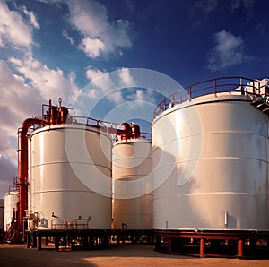 Chemical industrial storage tanks for liquid in a factory warehouse plant