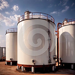 Chemical industrial storage tanks for liquid in a factory warehouse plant