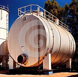 Chemical industrial storage tanks for liquid in a factory warehouse plant