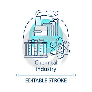 Chemical industry concept icon. Industrial chemicals producing. Plant, test tubes, molecule. Synthetic material