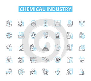 Chemical industry linear icons set. Polymer, Catalyst, Petrochemical, Solvent, Acid, Alkali, Reactor line vector and