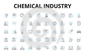 Chemical industry linear icons set. Polymer, Catalyst, Petrochemical, Solvent, Acid, Alkali, Reactor vector symbols and