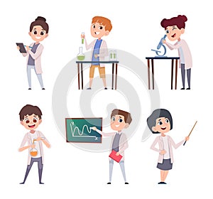 Chemical kids. Little people scientists making experiment in chemical lab exact vector cartoon illustrations
