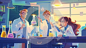 In a chemical lab, happy chemists are handling glass flasks filled with glow liquid while doing scientific research with