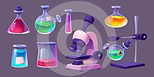 Chemical lab microscope and flasks set