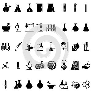 Chemical lab vector icon set. research illustration sign collection. Chemistry and biotechnology symbol.