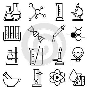 Chemical lab vector icons set. research illustration sign collection. Chemistry and biotechnology symbol.