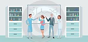 Chemical lab workers meeting flat illustrations. Professional chemists team, chemistry experts and laboratory assistants
