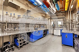 Chemical laboratory with blue cabinets and a variety of glass bottles, flasks and containers, made with generative AI