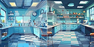 Chemical laboratory cartoon concepts. Scientific analysis research test tubes glass flasks reagents microscope equipment