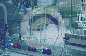 Chemical laboratory. Conical flask glassware  in chemical science laboratory in school or university, technology background, toned