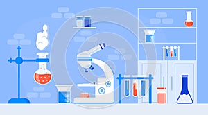 Chemical laboratory with desk, tubes, microscope. Scientists workplace concept vector. Education of chemistry, microbiology