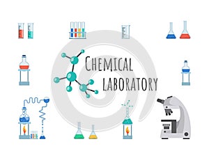 Chemical laboratory equipment banner template. Lab glassware, beakers, flasks and test tubes. Modern high precision