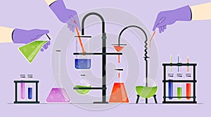 Chemical laboratory equipment. Chemist tools and reagents, chemical research and biological experimentation process