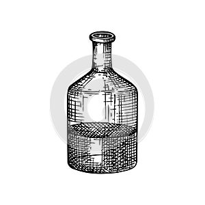 Chemical laboratory equipment sketch. Hand drawn glass bottle with liquid illustration. Glassware drawing for alchemy, medicine,