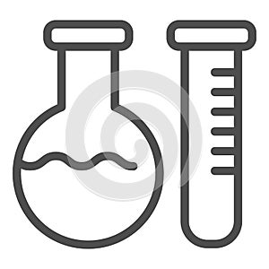 Chemical laboratory flasks line icon. Lab glass test tubes. Chemistry subject vector design concept, outline style