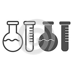 Chemical laboratory flasks line and solid icon. Lab glass test tubes. Chemistry subject vector design concept, outline