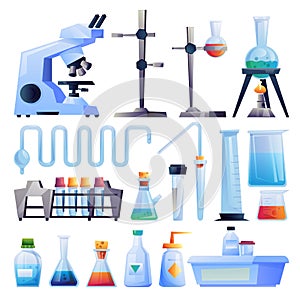 Chemical laboratory glassware equipment icons set
