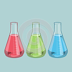 Chemical laboratory glassware isolated. Red, green and blue liquid. Erlenmeyer flask 1000ml. Colored line art. Retro design.