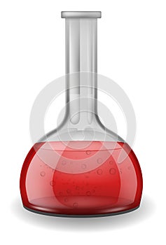 Chemical laboratory glassware. Red liquid in glass flask. Lab equipment, scientific chemistry tools. Test container or