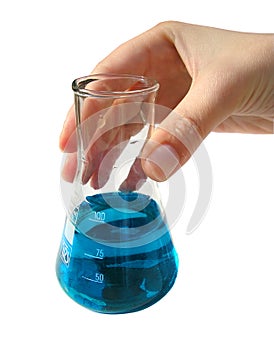 Chemical laboratory-hand holding flask with blue fluid