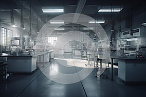 Chemical laboratory interior. 3d rendering toned image double exposure generative ai