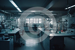 Chemical laboratory interior. 3d rendering toned image double exposure generative ai