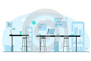 Chemical laboratory interior. Vector concept illustration of a scince lab interior with desks, chairs, tubes, flasks, computer,