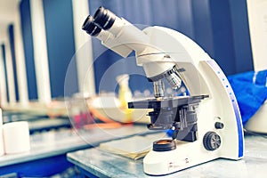 Chemical laboratory microscope and tools. Scientific and healthcare research