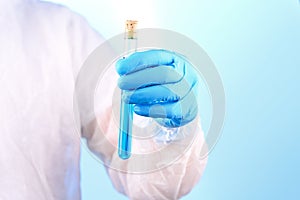 Chemical laboratory preparation in the form of blue liquid in a test tube