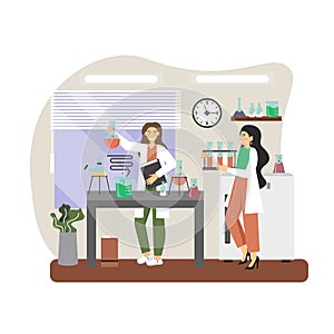 Chemical laboratory research. Scientists carrying out scientific experiment in science lab, flat vector illustration.