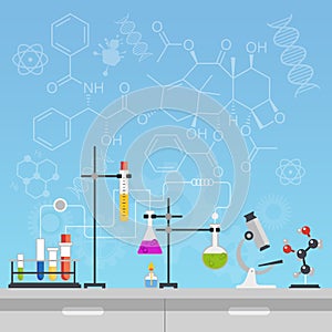 Chemical laboratory science and technology flat style design vector illustration. Workplace tools concept with formulas. photo