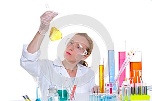 Chemical laboratory scientist woman with glass flask