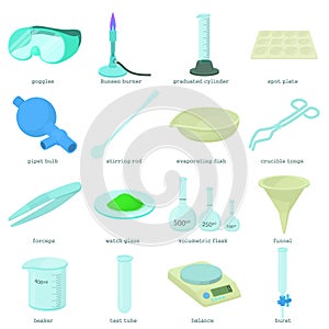Chemical laboratory tools icons set, cartoon style