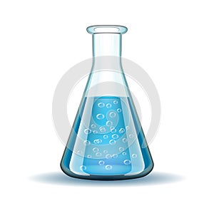 Chemical laboratory transparent flask with blue