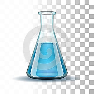 Chemical laboratory transparent flask with blue