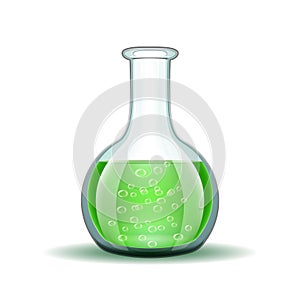 Chemical laboratory transparent flask with green