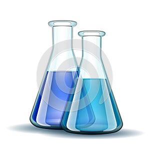 Chemical laboratory transparent flasks with blue