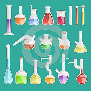 Chemical laboratory vector lab flask glassware tube liquid biotechnology analysis. Set of lab flask tubes medical