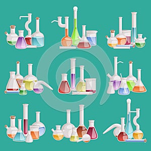 Chemical laboratory vector lab flask glassware tube liquid biotechnology analysis. Set of lab flask tubes medical