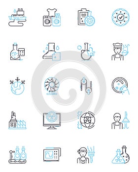 Chemical manufacturing linear icons set. Synthesis, Formula, Reactant, Production, Catalyst, Compound, Distillation line